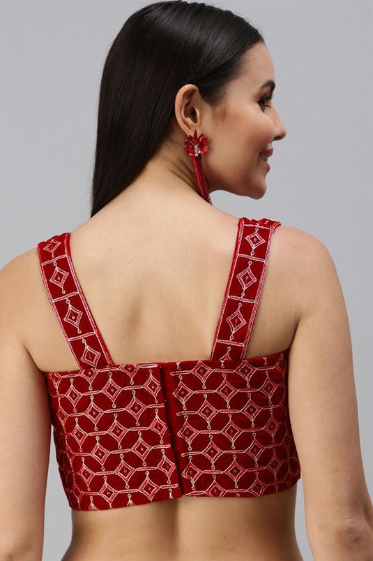 Red Color Velvet Fabric Sangeet Wear Astounding Readymade Blouse