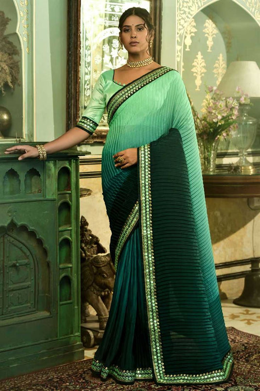 Chinon Fabric Green Color Sensational Party Style Crush Saree
