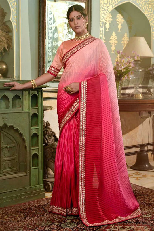 Pink Color Vintage Party Style Crush Saree In Chinon Fabric