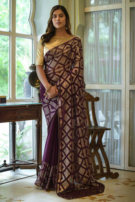 Appealing Sequins Work On Georgette Fabric Saree In Wine Color