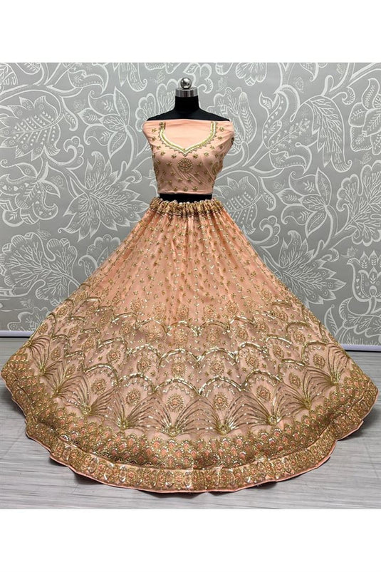 Glorious Peach Sequins Work Net Bridal Lehenga