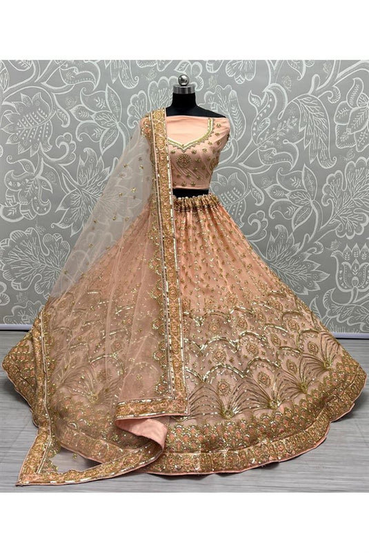 Glorious Peach Sequins Work Net Bridal Lehenga