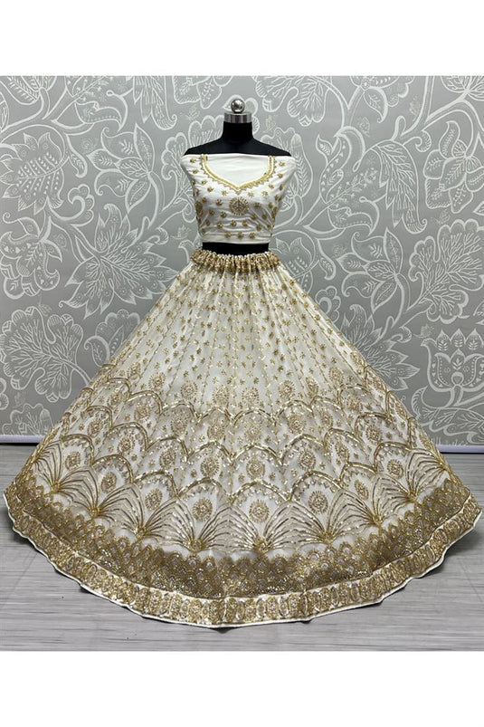 Attractive Off White Sequins Work Net Bridal Lehenga