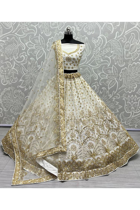 Attractive Off White Sequins Work Net Bridal Lehenga