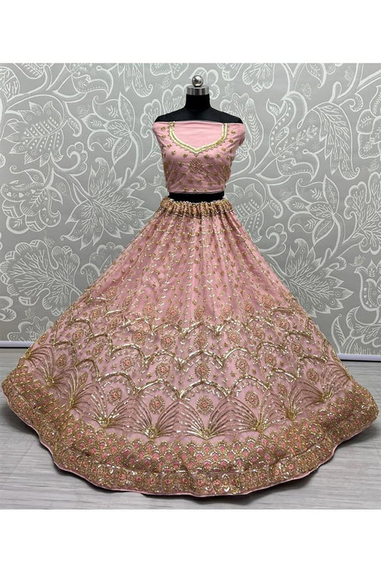 Radiant Pink Sequins Work Net Bridal Lehenga