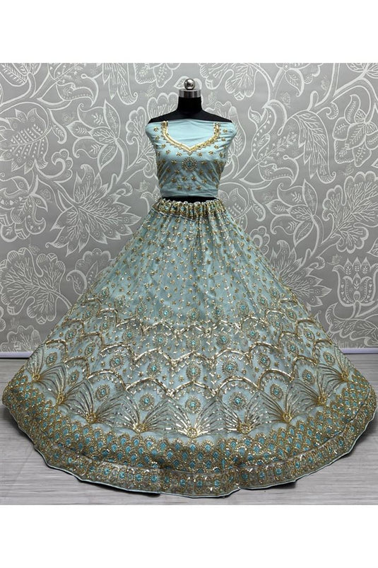 Enticing Sequins Work Sky Blue Net Bridal Lehenga