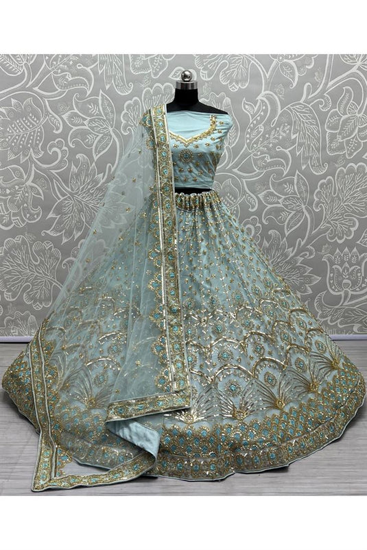 Enticing Sequins Work Sky Blue Net Bridal Lehenga