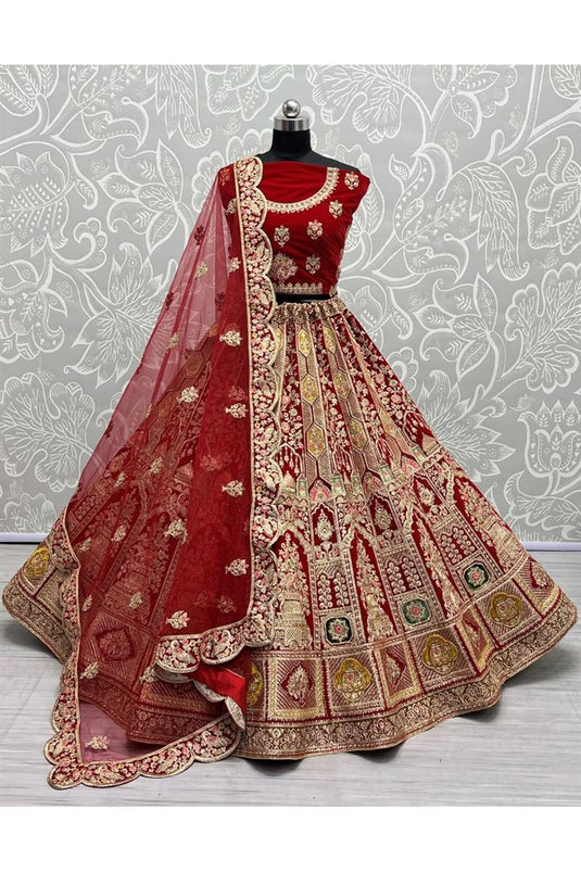 Red Color Velvet Fabric Elegant Bridal Look Lehenga