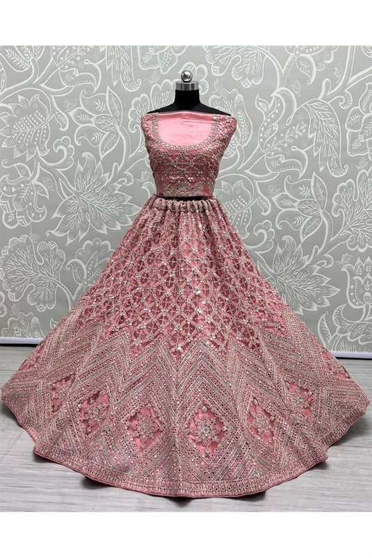 Net Fabric Wedding Look Amazing Bridal Lehenga In Pink Color