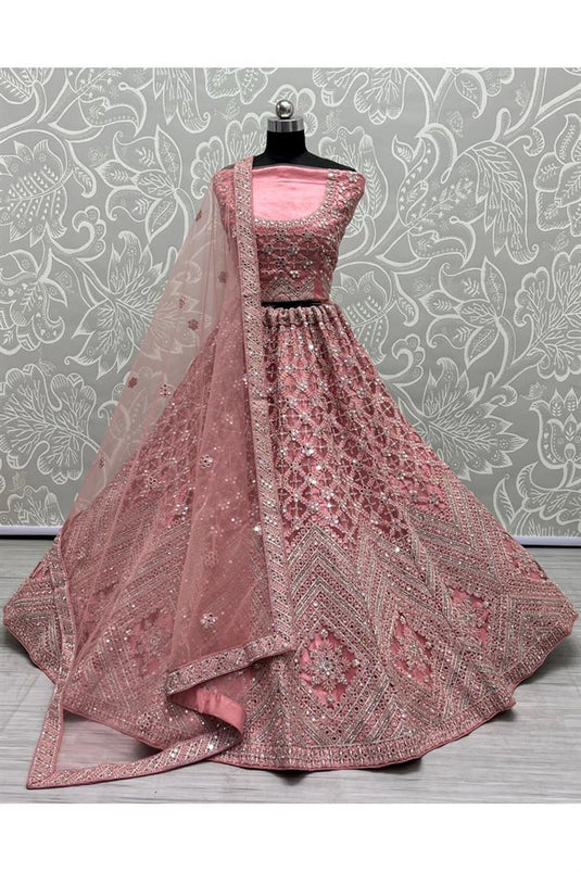 Net Fabric Wedding Look Amazing Bridal Lehenga In Pink Color