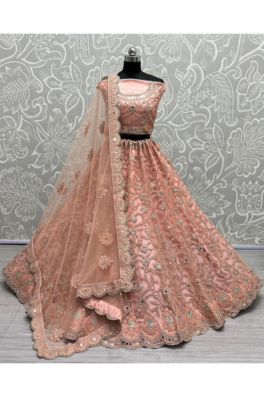 Glamorous Peach Color Embroidered Designs Net Bridal Lehenga