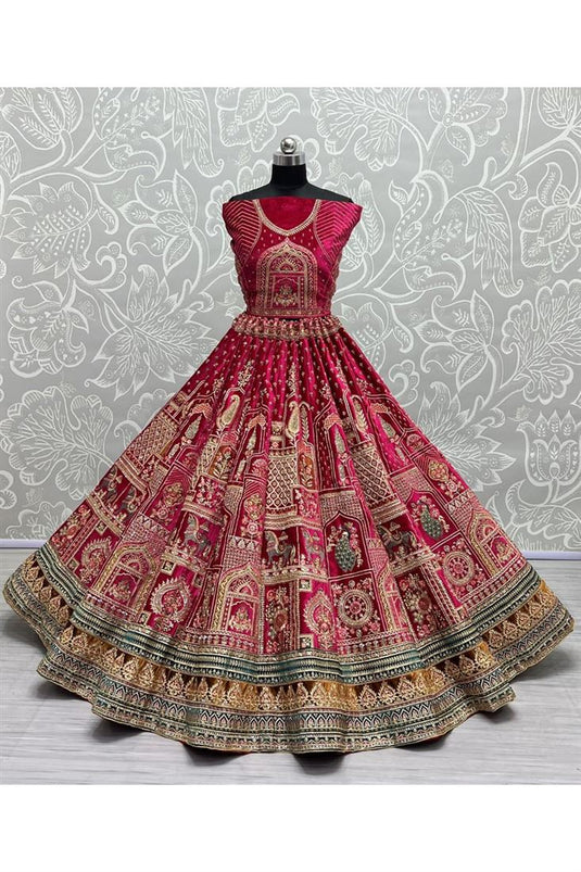 Classic Pink Color Bridal Lehenga For Wedding In Velvet Fabric