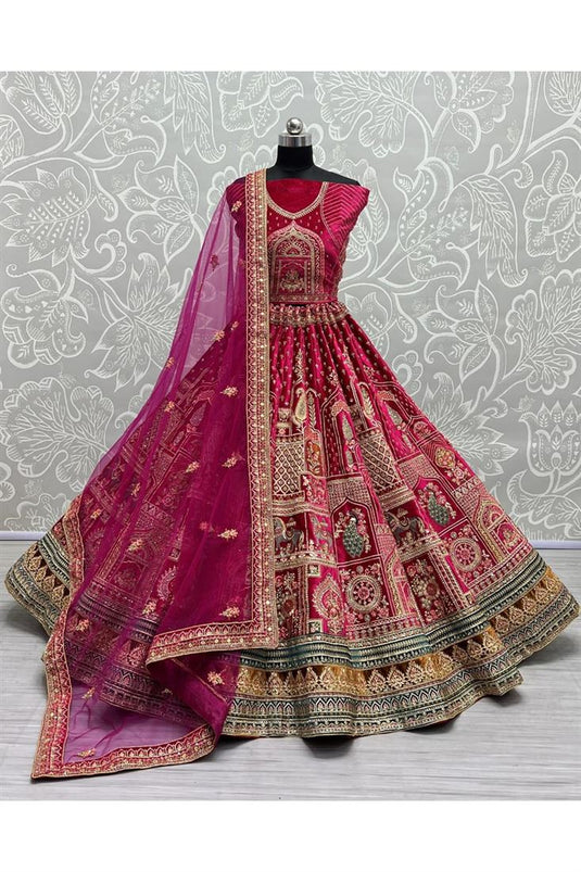 Classic Pink Color Bridal Lehenga For Wedding In Velvet Fabric