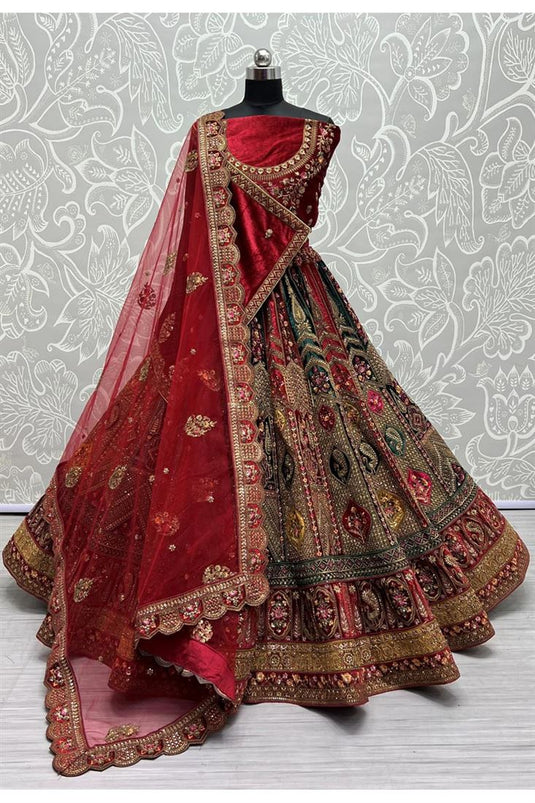 Elegant Velvet Bridal Embroidered Maroon Color Lehenga For Wedding Celebrations