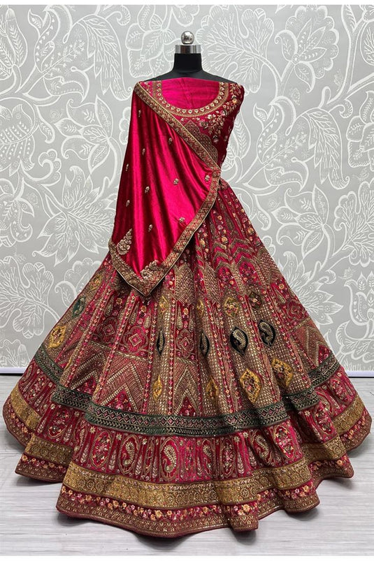 Pink Color Gorgeous Embroidered Velvet Bridal Wedding Lehenga