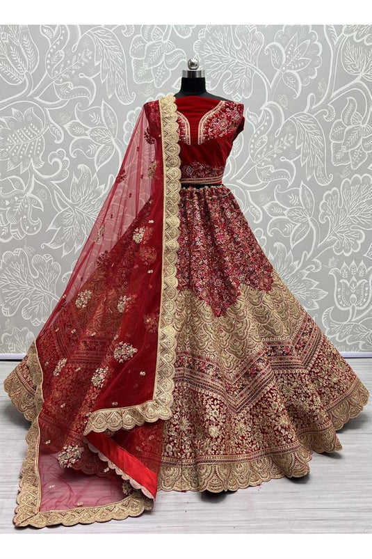 Elaborate Embroidered Work Velvet Fabric Bridal Lehenga in Red Color