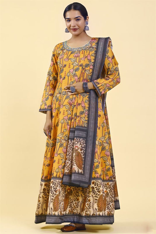 Party Wear Art Silk Fabric Mustard Color Mesmeric Printed Readymade Long Gown