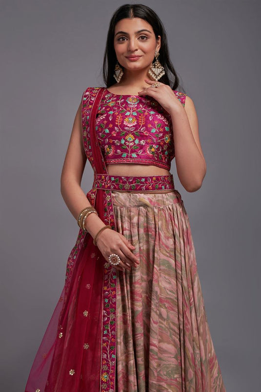 Tempting Art Silk Fabric Pink Color Wedding Wear Lehenga Choli With Embroidered Work