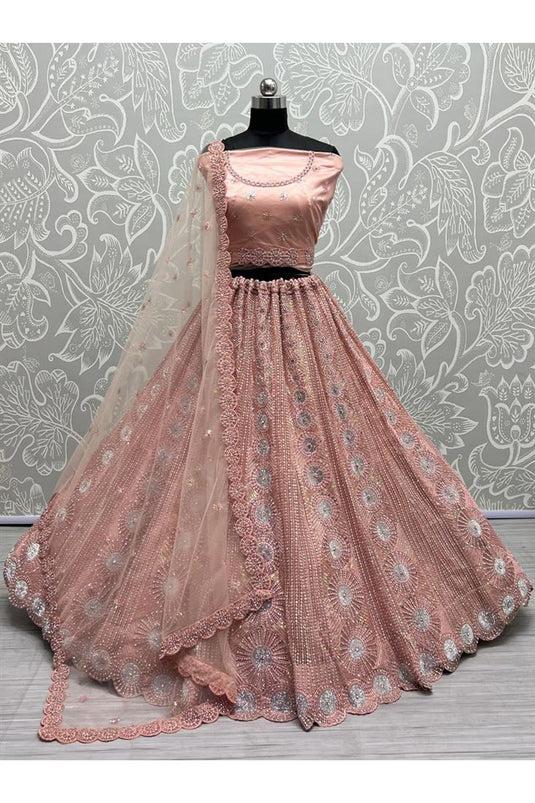 Peach Heavy Look Embroidered Work On Net Fabric Beatific Bridal Lehenga Choli