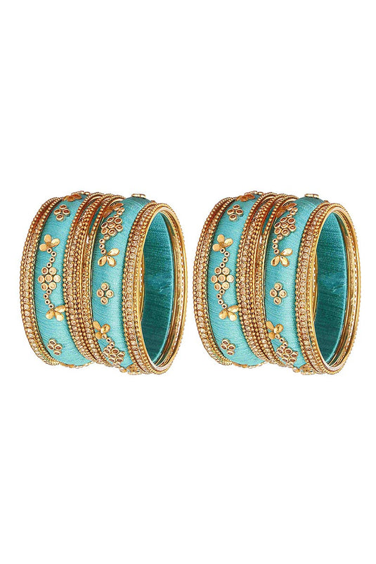 Classy Customized Designer Silk Thread Bangles Set In Cyan