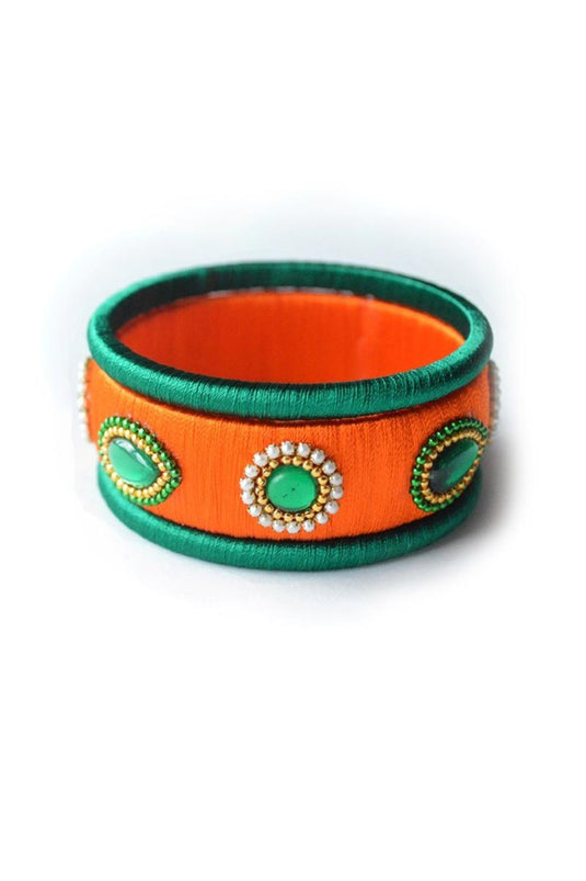 Silk Thread Handmade Customized Bangle Set In Orange And Teal