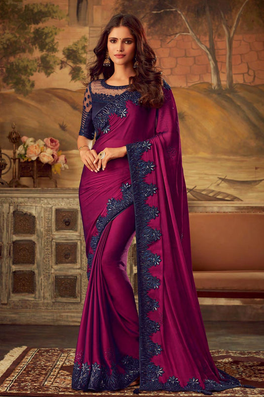 Art Silk Fancy Purple Party Wear Embroidered Border Saree With Designer Blouse